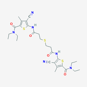 molecular formula C28H36N6O4S3 B331533 4-cyano-5-[(3-{[3-({3-cyano-5-[(diethylamino)carbonyl]-4-methylthien-2-yl}amino)-3-oxopropyl]sulfanyl}propanoyl)amino]-N,N-diethyl-3-methylthiophene-2-carboxamide 