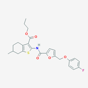 molecular formula C25H26FNO5S B331549 Propyl 2-({5-[(4-fluorophenoxy)methyl]-2-furoyl}amino)-6-methyl-4,5,6,7-tetrahydro-1-benzothiophene-3-carboxylate 