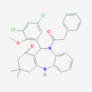 molecular formula C30H28Cl2N2O3 B331567 6-(3,5-Dichloro-2-methoxy-phenyl)-9,9-dimethyl-5-(2-phenylacetyl)-6,8,10,11-tetrahydrobenzo[b][1,4]benzodiazepin-7-one 