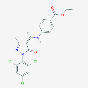 molecular formula C20H16Cl3N3O3 B331587 ethyl 4-[[(Z)-[3-methyl-5-oxo-1-(2,4,6-trichlorophenyl)pyrazol-4-ylidene]methyl]amino]benzoate 