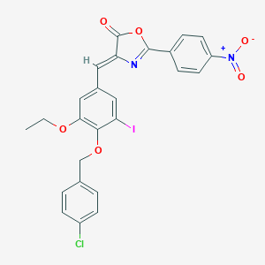 molecular formula C25H18ClIN2O6 B331644 4-{4-[(4-chlorobenzyl)oxy]-3-ethoxy-5-iodobenzylidene}-2-{4-nitrophenyl}-1,3-oxazol-5(4H)-one 