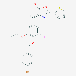 molecular formula C23H17BrINO4S B331664 4-{4-[(4-bromobenzyl)oxy]-3-ethoxy-5-iodobenzylidene}-2-(2-thienyl)-1,3-oxazol-5(4H)-one 