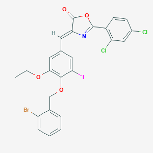 molecular formula C25H17BrCl2INO4 B331665 4-{4-[(2-bromobenzyl)oxy]-3-ethoxy-5-iodobenzylidene}-2-(2,4-dichlorophenyl)-1,3-oxazol-5(4H)-one 