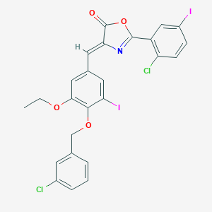 molecular formula C25H17Cl2I2NO4 B331717 4-{4-[(3-chlorobenzyl)oxy]-3-ethoxy-5-iodobenzylidene}-2-(2-chloro-5-iodophenyl)-1,3-oxazol-5(4H)-one 