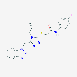 molecular formula C20H18IN7OS B331722 2-{[4-allyl-5-(1H-1,2,3-benzotriazol-1-ylmethyl)-4H-1,2,4-triazol-3-yl]sulfanyl}-N-(4-iodophenyl)acetamide 
