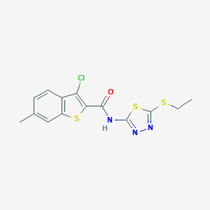 molecular formula C14H12ClN3OS3 B331741 3-chloro-N-[5-(ethylsulfanyl)-1,3,4-thiadiazol-2-yl]-6-methyl-1-benzothiophene-2-carboxamide 