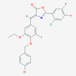 molecular formula C25H16BrClF2INO4 B331763 4-{4-[(4-bromobenzyl)oxy]-3-ethoxy-5-iodobenzylidene}-2-(2-chloro-4,5-difluorophenyl)-1,3-oxazol-5(4H)-one 