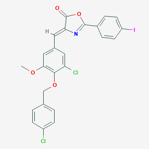 molecular formula C24H16Cl2INO4 B331765 4-{3-chloro-4-[(4-chlorobenzyl)oxy]-5-methoxybenzylidene}-2-(4-iodophenyl)-1,3-oxazol-5(4H)-one 