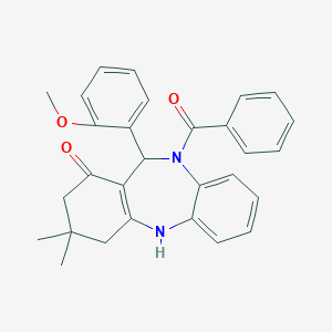 molecular formula C29H28N2O3 B331802 10-benzoyl-11-(2-methoxyphenyl)-3,3-dimethyl-2,3,4,5,10,11-hexahydro-1H-dibenzo[b,e][1,4]diazepin-1-one 