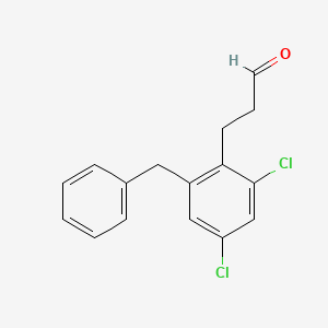 molecular formula C16H14Cl2O B3318405 2,4-Dichloro-6-(phenylmethyl)-benzenepropanal CAS No. 99725-28-7