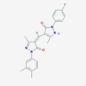 molecular formula C23H21FN4O2 B331845 4-{[1-(3,4-dimethylphenyl)-5-hydroxy-3-methyl-1H-pyrazol-4-yl]methylene}-2-(4-fluorophenyl)-5-methyl-2,4-dihydro-3H-pyrazol-3-one 