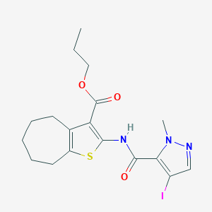molecular formula C18H22IN3O3S B331890 propyl 2-{[(4-iodo-1-methyl-1H-pyrazol-5-yl)carbonyl]amino}-5,6,7,8-tetrahydro-4H-cyclohepta[b]thiophene-3-carboxylate 