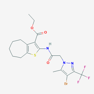molecular formula C19H21BrF3N3O3S B331906 ethyl 2-({[4-bromo-5-methyl-3-(trifluoromethyl)-1H-pyrazol-1-yl]acetyl}amino)-5,6,7,8-tetrahydro-4H-cyclohepta[b]thiophene-3-carboxylate 