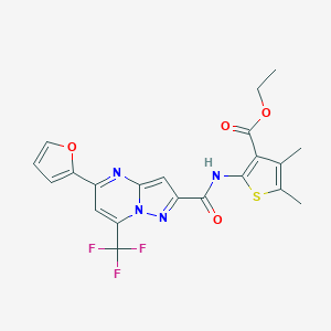 molecular formula C21H17F3N4O4S B331907 Ethyl 2-({[5-(2-furyl)-7-(trifluoromethyl)pyrazolo[1,5-a]pyrimidin-2-yl]carbonyl}amino)-4,5-dimethyl-3-thiophenecarboxylate 