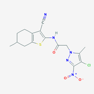 molecular formula C16H16ClN5O3S B331915 2-(4-chloro-5-methyl-3-nitro-1H-pyrazol-1-yl)-N-(3-cyano-6-methyl-4,5,6,7-tetrahydro-1-benzothiophen-2-yl)acetamide 