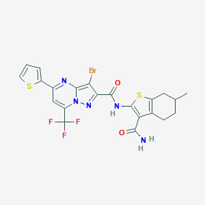 molecular formula C22H17BrF3N5O2S2 B331927 N-[3-(aminocarbonyl)-6-methyl-4,5,6,7-tetrahydro-1-benzothien-2-yl]-3-bromo-5-(2-thienyl)-7-(trifluoromethyl)pyrazolo[1,5-a]pyrimidine-2-carboxamide 