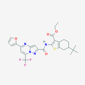molecular formula C27H27F3N4O4S B331944 Ethyl 6-tert-butyl-2-({[5-(2-furyl)-7-(trifluoromethyl)pyrazolo[1,5-a]pyrimidin-2-yl]carbonyl}amino)-4,5,6,7-tetrahydro-1-benzothiophene-3-carboxylate 