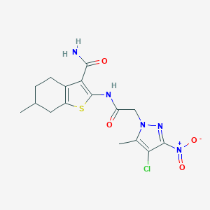 molecular formula C16H18ClN5O4S B331949 2-[({4-chloro-3-nitro-5-methyl-1H-pyrazol-1-yl}acetyl)amino]-6-methyl-4,5,6,7-tetrahydro-1-benzothiophene-3-carboxamide 