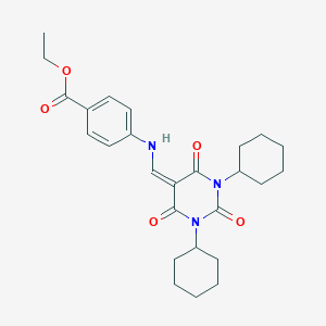 molecular formula C26H33N3O5 B331960 ethyl 4-[(1,3-dicyclohexyl-2,4,6-trioxo-1,3-diazinan-5-ylidene)methylamino]benzoate 