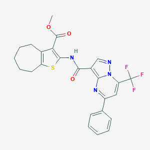 molecular formula C25H21F3N4O3S B332002 methyl 2-({[5-phenyl-7-(trifluoromethyl)pyrazolo[1,5-a]pyrimidin-3-yl]carbonyl}amino)-5,6,7,8-tetrahydro-4H-cyclohepta[b]thiophene-3-carboxylate 