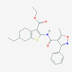 molecular formula C24H26N2O4S B332003 Ethyl 6-ethyl-2-{[(5-methyl-3-phenyl-4-isoxazolyl)carbonyl]amino}-4,5,6,7-tetrahydro-1-benzothiophene-3-carboxylate 