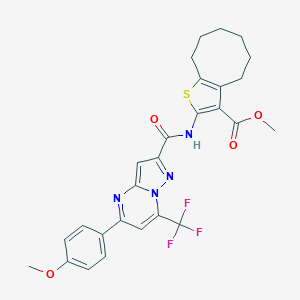 molecular formula C27H25F3N4O4S B332004 Methyl 2-({[5-(4-methoxyphenyl)-7-(trifluoromethyl)pyrazolo[1,5-a]pyrimidin-2-yl]carbonyl}amino)-4,5,6,7,8,9-hexahydrocycloocta[b]thiophene-3-carboxylate 