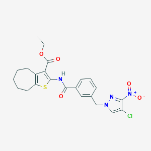 molecular formula C23H23ClN4O5S B332005 ethyl 2-[({3-[(4-chloro-3-nitro-1H-pyrazol-1-yl)methyl]phenyl}carbonyl)amino]-5,6,7,8-tetrahydro-4H-cyclohepta[b]thiophene-3-carboxylate 