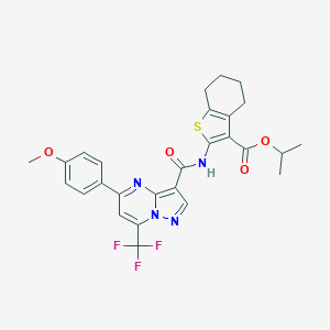 molecular formula C27H25F3N4O4S B332009 Isopropyl 2-({[5-(4-methoxyphenyl)-7-(trifluoromethyl)pyrazolo[1,5-a]pyrimidin-3-yl]carbonyl}amino)-4,5,6,7-tetrahydro-1-benzothiophene-3-carboxylate 