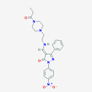 (4E)-2-(4-nitrophenyl)-5-phenyl-4-[[2-(4-propanoylpiperazin-1-yl)ethylamino]methylidene]pyrazol-3-one