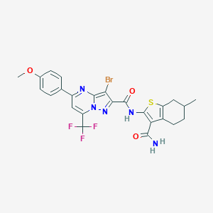molecular formula C25H21BrF3N5O3S B332019 3-bromo-N-(3-carbamoyl-6-methyl-4,5,6,7-tetrahydro-1-benzothiophen-2-yl)-5-(4-methoxyphenyl)-7-(trifluoromethyl)pyrazolo[1,5-a]pyrimidine-2-carboxamide 