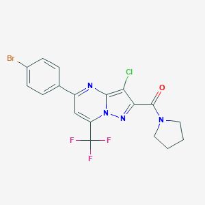 molecular formula C18H13BrClF3N4O B332021 5-(4-Bromophenyl)-3-chloro-2-(1-pyrrolidinylcarbonyl)-7-(trifluoromethyl)pyrazolo[1,5-a]pyrimidine 
