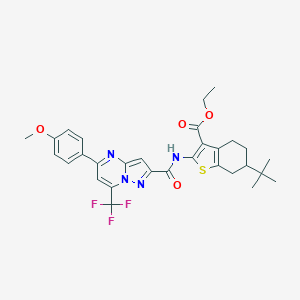 molecular formula C30H31F3N4O4S B332031 Ethyl 6-tert-butyl-2-({[5-(4-methoxyphenyl)-7-(trifluoromethyl)pyrazolo[1,5-a]pyrimidin-2-yl]carbonyl}amino)-4,5,6,7-tetrahydro-1-benzothiophene-3-carboxylate 