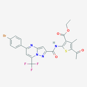 molecular formula C24H18BrF3N4O4S B332034 Ethyl 5-acetyl-2-({[5-(4-bromophenyl)-7-(trifluoromethyl)pyrazolo[1,5-a]pyrimidin-2-yl]carbonyl}amino)-4-methyl-3-thiophenecarboxylate 