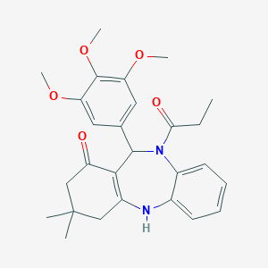 molecular formula C27H32N2O5 B332035 3,3-dimethyl-10-propionyl-11-(3,4,5-trimethoxyphenyl)-2,3,4,5,10,11-hexahydro-1H-dibenzo[b,e][1,4]diazepin-1-one 