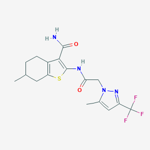 molecular formula C17H19F3N4O2S B332036 6-methyl-2-({[5-methyl-3-(trifluoromethyl)-1H-pyrazol-1-yl]acetyl}amino)-4,5,6,7-tetrahydro-1-benzothiophene-3-carboxamide 