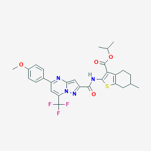 molecular formula C28H27F3N4O4S B332044 Isopropyl 2-({[5-(4-methoxyphenyl)-7-(trifluoromethyl)pyrazolo[1,5-a]pyrimidin-2-yl]carbonyl}amino)-6-methyl-4,5,6,7-tetrahydro-1-benzothiophene-3-carboxylate 