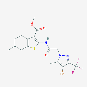 molecular formula C18H19BrF3N3O3S B332052 methyl 2-({[4-bromo-5-methyl-3-(trifluoromethyl)-1H-pyrazol-1-yl]acetyl}amino)-6-methyl-4,5,6,7-tetrahydro-1-benzothiophene-3-carboxylate 