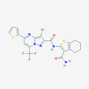 molecular formula C21H15BrF3N5O2S2 B332056 3-bromo-N-(3-carbamoyl-4,5,6,7-tetrahydro-1-benzothiophen-2-yl)-5-(thiophen-2-yl)-7-(trifluoromethyl)pyrazolo[1,5-a]pyrimidine-2-carboxamide 