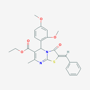 molecular formula C25H24N2O5S B332089 ethyl (2Z)-2-benzylidene-5-(2,4-dimethoxyphenyl)-7-methyl-3-oxo-2,3-dihydro-5H-[1,3]thiazolo[3,2-a]pyrimidine-6-carboxylate 