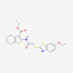 molecular formula C22H24N2O4S3 B332120 Ethyl 2-({[(6-ethoxy-1,3-benzothiazol-2-yl)sulfanyl]acetyl}amino)-4,5,6,7-tetrahydro-1-benzothiophene-3-carboxylate 