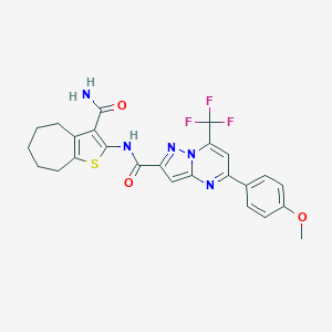 molecular formula C25H22F3N5O3S B332133 N-(3-carbamoyl-5,6,7,8-tetrahydro-4H-cyclohepta[b]thiophen-2-yl)-5-(4-methoxyphenyl)-7-(trifluoromethyl)pyrazolo[1,5-a]pyrimidine-2-carboxamide 