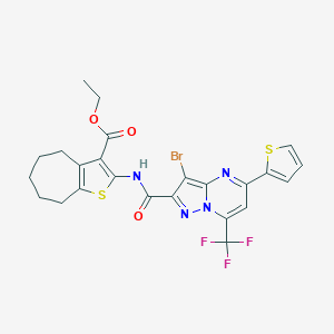 molecular formula C24H20BrF3N4O3S2 B332136 ethyl 2-({[3-bromo-5-(2-thienyl)-7-(trifluoromethyl)pyrazolo[1,5-a]pyrimidin-2-yl]carbonyl}amino)-5,6,7,8-tetrahydro-4H-cyclohepta[b]thiophene-3-carboxylate 
