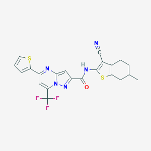molecular formula C22H16F3N5OS2 B332164 N-(3-cyano-6-methyl-4,5,6,7-tetrahydro-1-benzothien-2-yl)-5-(2-thienyl)-7-(trifluoromethyl)pyrazolo[1,5-a]pyrimidine-2-carboxamide 