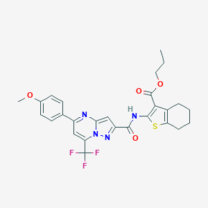 molecular formula C27H25F3N4O4S B332167 Propyl 2-({[5-(4-methoxyphenyl)-7-(trifluoromethyl)pyrazolo[1,5-a]pyrimidin-2-yl]carbonyl}amino)-4,5,6,7-tetrahydro-1-benzothiophene-3-carboxylate 