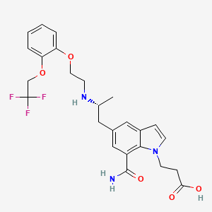 molecular formula C25H28F3N3O5 B3321795 1H-Indole-1-propanoic acid, 7-(aminocarbonyl)-5-((2R)-2-((2-(2-(2,2,2-trifluoroethoxy)phenoxy)ethyl)amino)propyl)- CAS No. 1384966-05-5