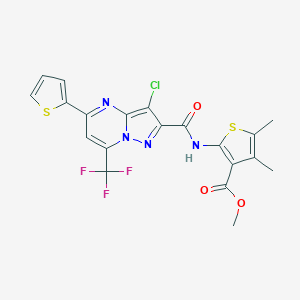 molecular formula C20H14ClF3N4O3S2 B332181 Methyl 2-({[3-chloro-5-(2-thienyl)-7-(trifluoromethyl)pyrazolo[1,5-a]pyrimidin-2-yl]carbonyl}amino)-4,5-dimethyl-3-thiophenecarboxylate 
