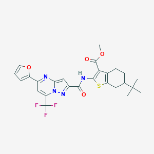 molecular formula C26H25F3N4O4S B332186 Methyl 6-tert-butyl-2-({[5-(2-furyl)-7-(trifluoromethyl)pyrazolo[1,5-a]pyrimidin-2-yl]carbonyl}amino)-4,5,6,7-tetrahydro-1-benzothiophene-3-carboxylate 