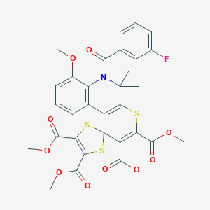molecular formula C32H28FNO10S3 B332231 Tetramethyl 6'-(3-fluorobenzoyl)-7'-methoxy-5',5'-dimethyl-5',6'-dihydrospiro[[1,3]dithiole-2,1'-thiopyrano[2,3-c]quinoline]-2',3',4,5-tetracarboxylate 