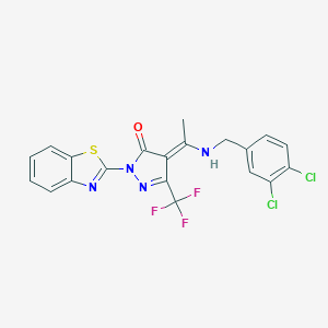 molecular formula C20H13Cl2F3N4OS B332249 (4E)-2-(1,3-benzothiazol-2-yl)-4-[1-[(3,4-dichlorophenyl)methylamino]ethylidene]-5-(trifluoromethyl)pyrazol-3-one 