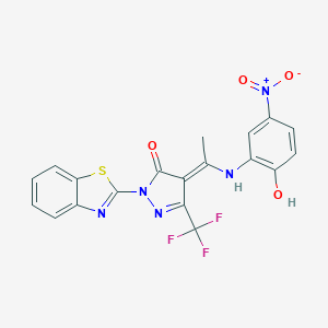 molecular formula C19H12F3N5O4S B332252 (4E)-2-(1,3-benzothiazol-2-yl)-4-[1-(2-hydroxy-5-nitroanilino)ethylidene]-5-(trifluoromethyl)pyrazol-3-one 